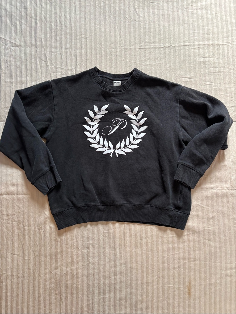 PINK Victoria's Secret Black Laurel Wreath P Logo Crewneck Sweatshirt Women's S
